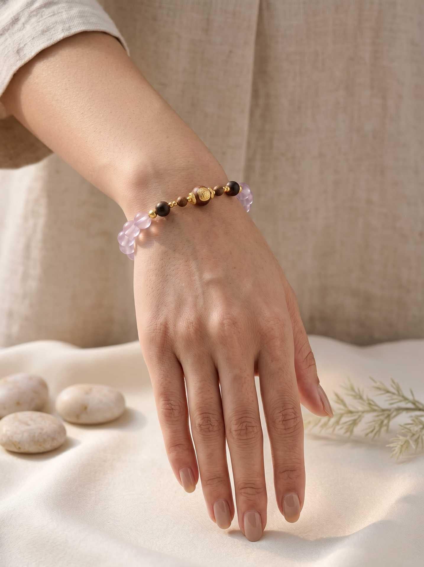 Agarwood Five-Line Rose Quartz Healing Bracelet