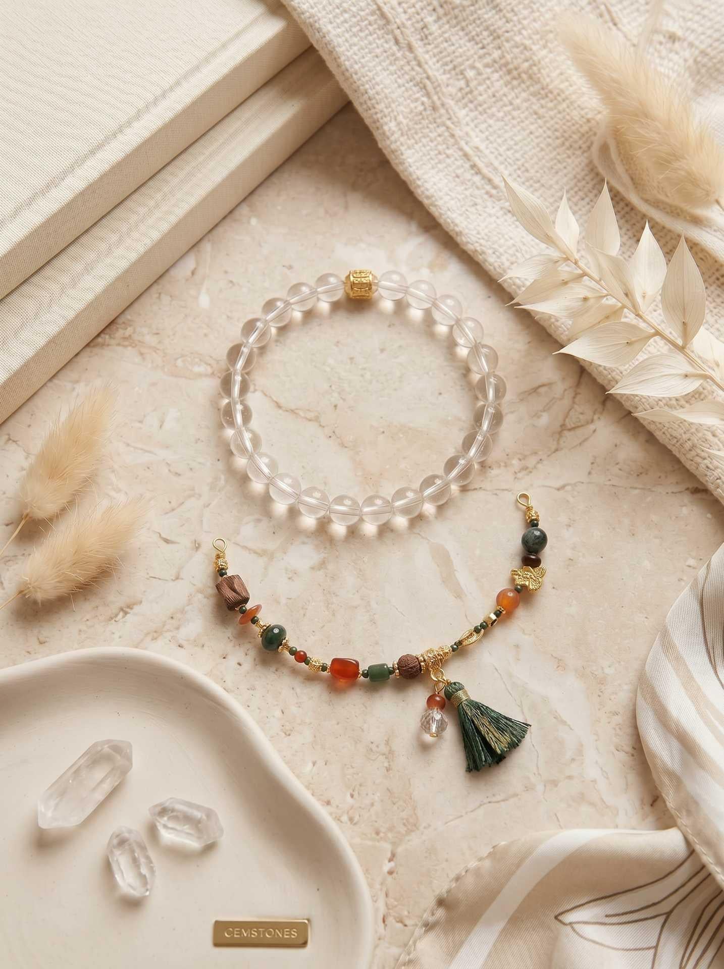 Clear Quartz Jade Tassel Purify Bracelet Set