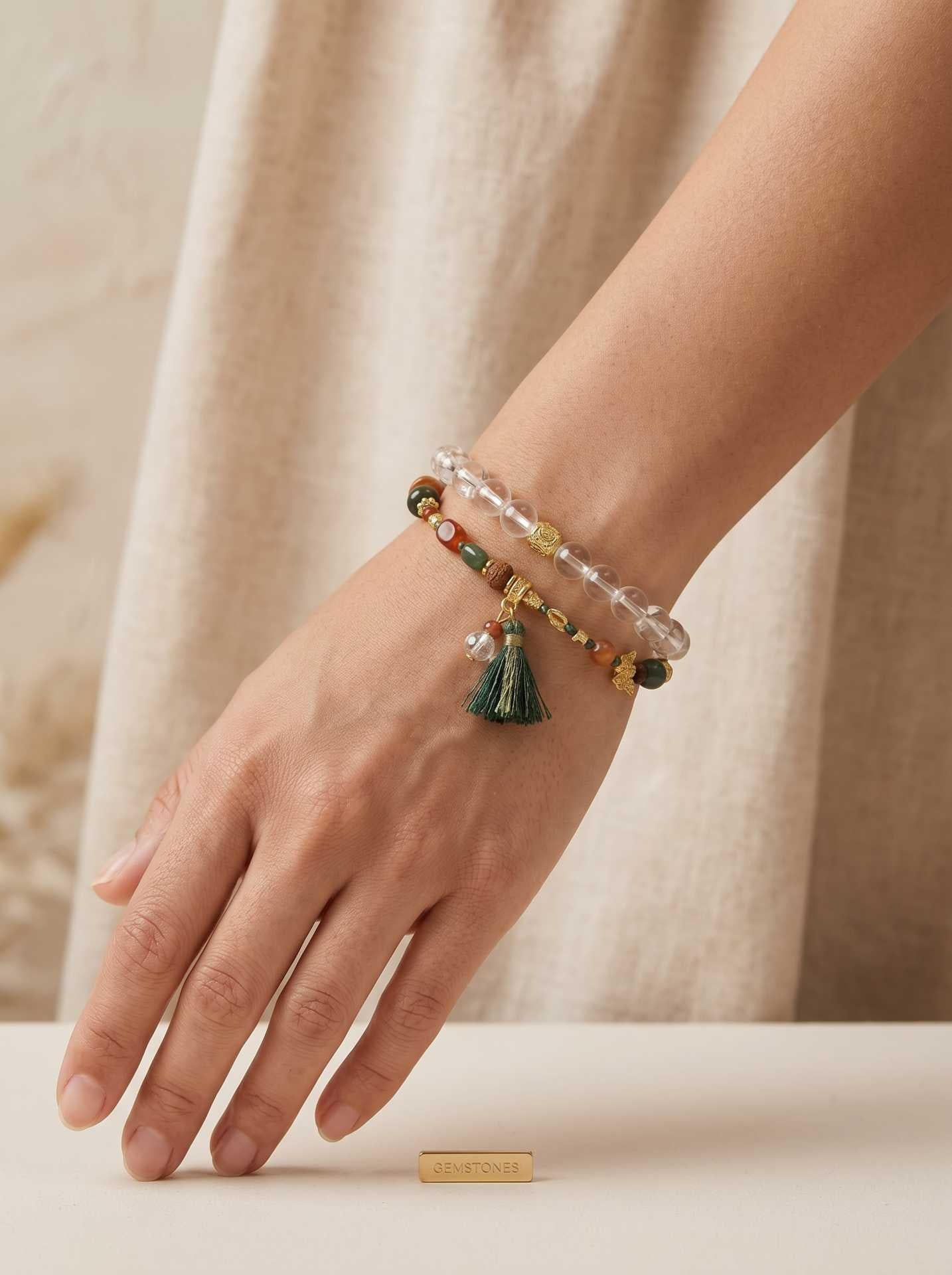 Clear Quartz Jade Tassel Purify Bracelet Set
