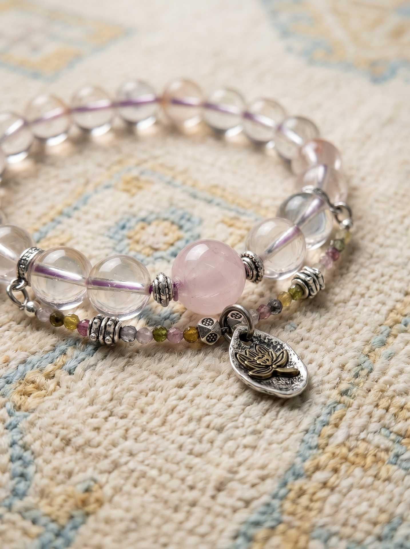 Rose Quartz Lotus Charm Bracelet — Healing Edition