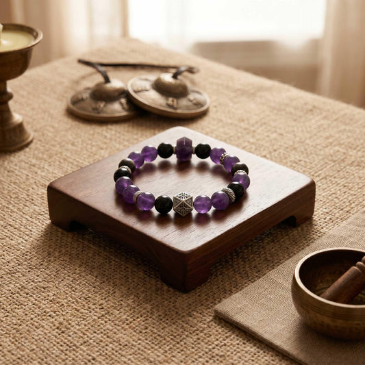 Violet Vajra Guardian Bracelet | Amethyst & Black Obsidian