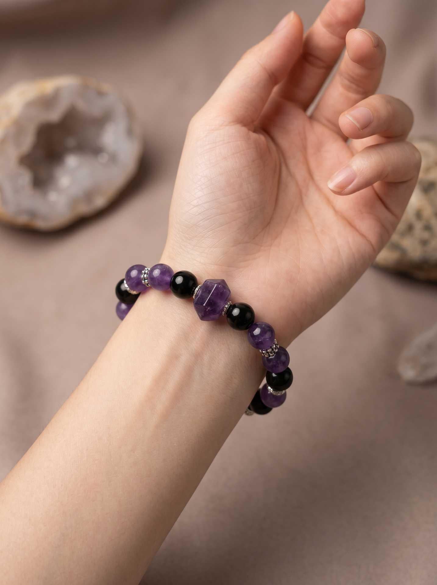 Violet Vajra Guardian Bracelet | Amethyst & Black Obsidian