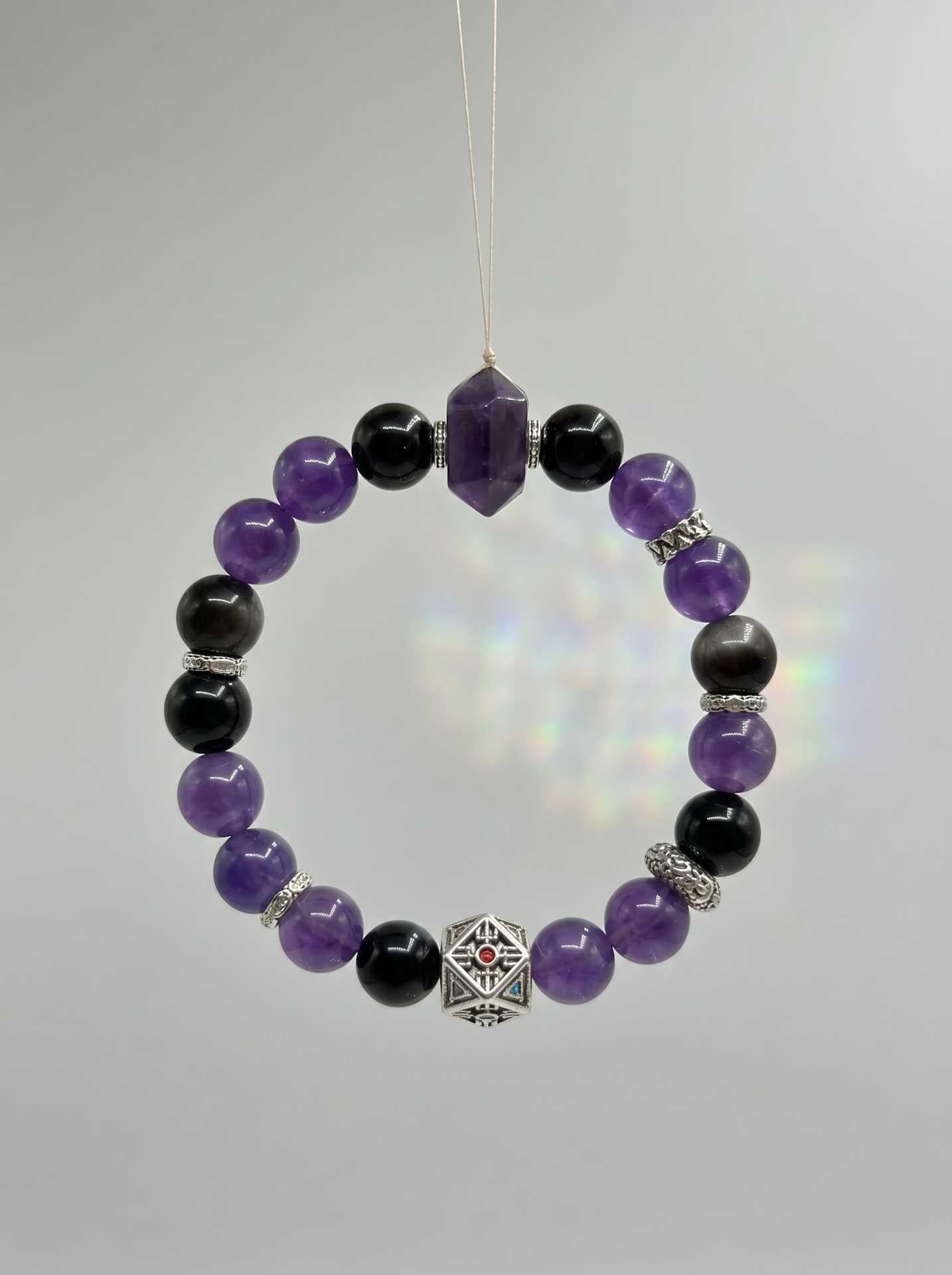 Violet Vajra Guardian Bracelet | Amethyst & Black Obsidian