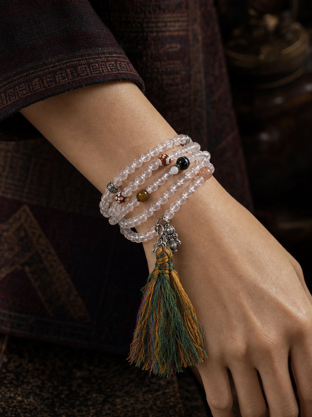 Tibetan Rose Quartz Multi-Gem Wrap Bracelet — detail view