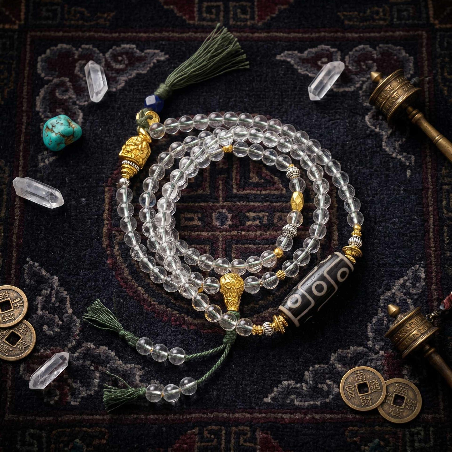 Nine-Eye Dzi Top Bead Peace & Protection Mala