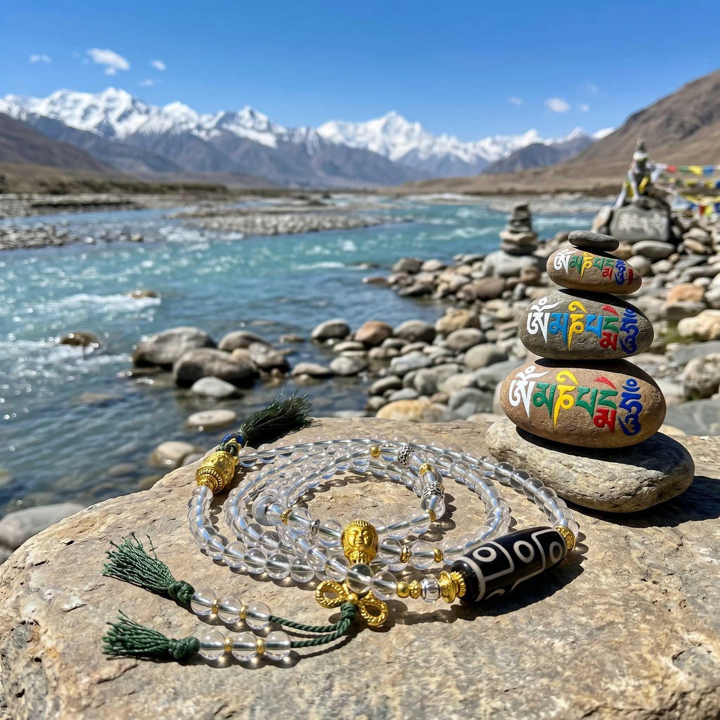 Nine-Eye Dzi Top Bead Peace & Protection Mala
